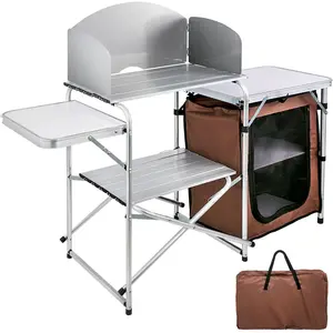 VEVOR Outdoor 2-Tier Kitchen with Zippered Bag, Portable Folding Cook Table for BBQ, Party and Camping, Brown