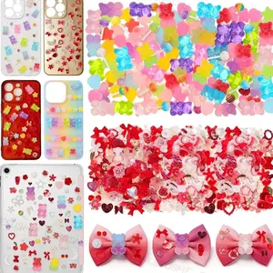 400 Pcs Bear Candy Pearls Junk Case Charm Kit, Red Flower Star Pearls Resin Flatback Charms, Slime Lollipop Gummy Bear Charms for Phone Case DIY Nail Art Scrapbooking Supplies