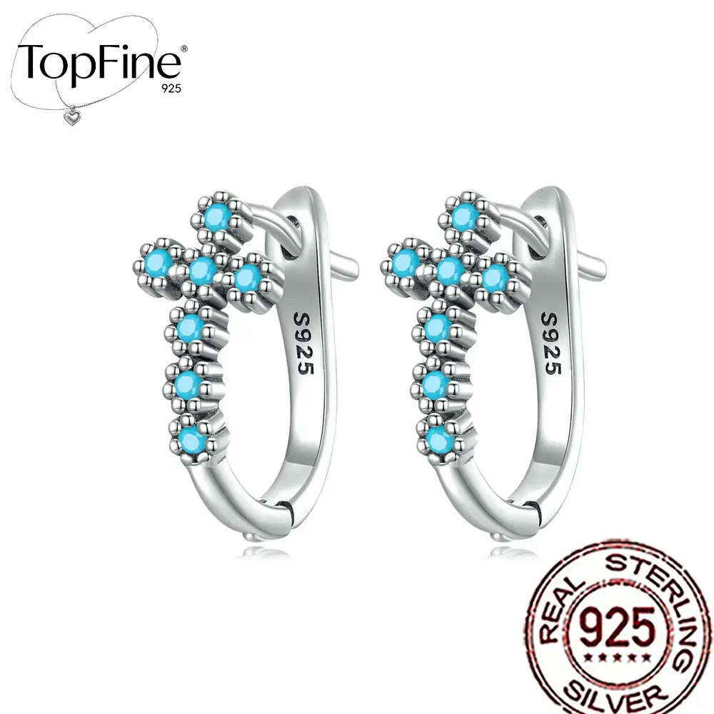 Women's 925 Real Silver Blue Turquoise Cross Stud Hoop Earrings, 1 Pair Genuine Hypoallergenic High Quality Fine Jewelry for Party, Engagement Gifts, High Quality Earrings, Hypoallergenic Earrings Huggie Hoop Earrings Statement Hoops Earrings