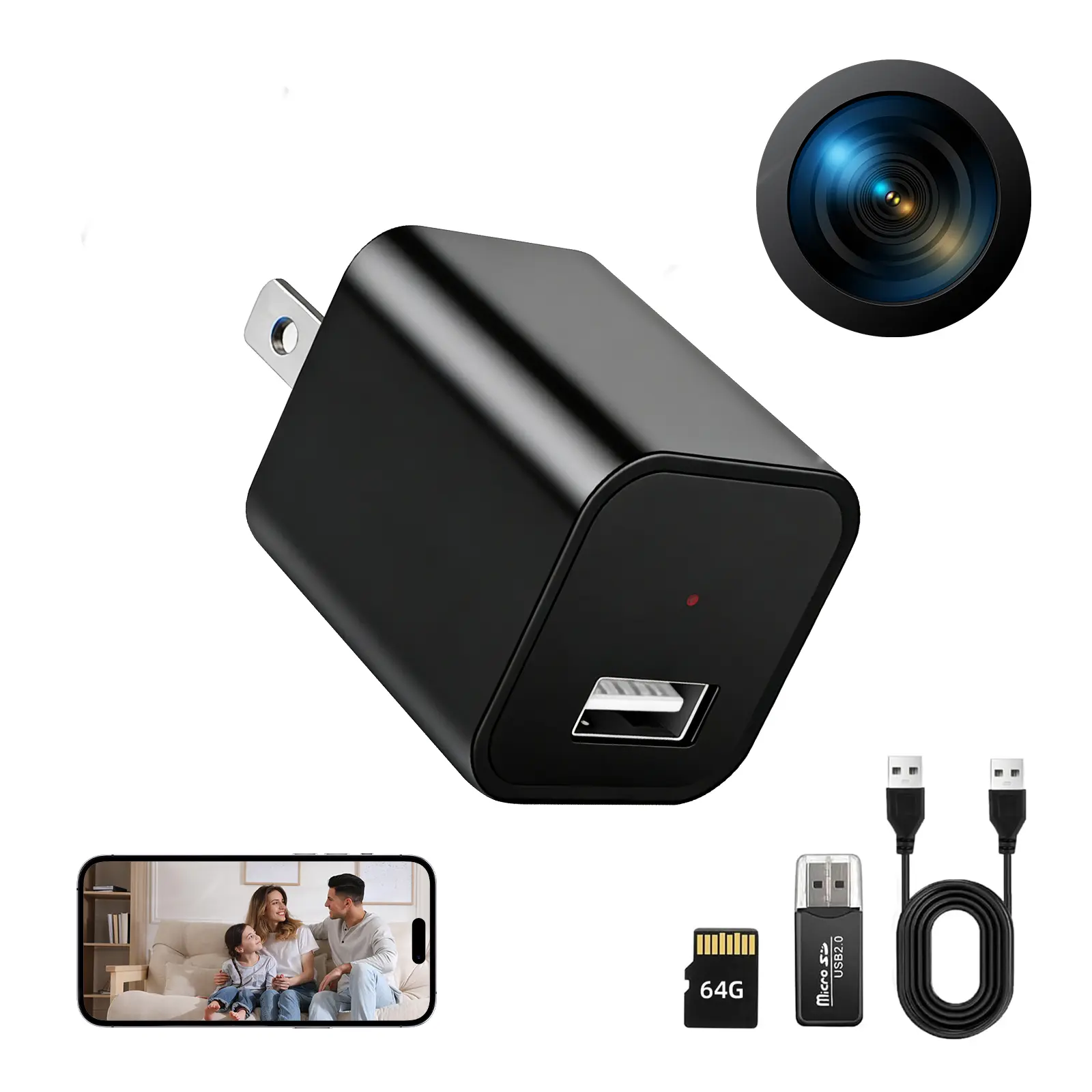 1080P Mini Portable Plug Charger Security Camera with 64G Micro SD Card, Night Vision, Motion Detection for Home Pet Monitoring