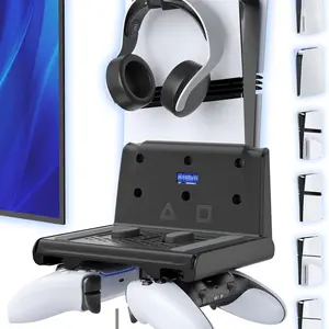 PS5 Wall Mount Kit with Controller Holder Compatible with PS5/Slim/Pro Disc & Digital, PS5 Mount Floating for Gaming Accessories, Compact PS5 Vertical Wall Shelf Organizer Bracket with Headphone Hook, Console Accessories