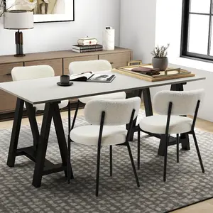 Set of 2 Mid Century Modern Dining Chairs Set forKitchen or Dining Table, Contoured Foam Back and SeatCushions, Heavy Boucle Fabric, Steel Frame [ Black White]