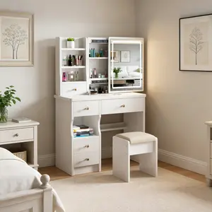 White dressing table set, featuring an LED illuminated mirror (with 3 selectable light colors), 5 drawers and multiple storage shelves, and a padded stool, suitable for bedroom use