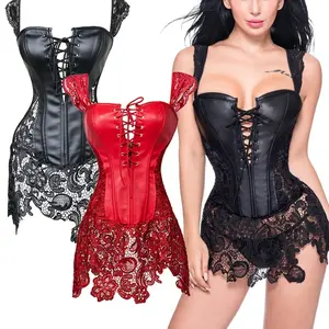 【S-6XL】Plus Size Womens Faux Leather Corset Steampunk Outfit Costume Sexy Overbust Plus Size Burlesque Lingerie Bustier with G-String