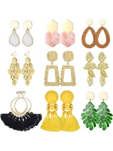9 Pairs Bohemian Colorful Clip Earring Collection for Women Men Natural Rattan Premium Acrylic Exquisite Handmade Details Graceful Long Tassel Dangle Styles Chic Geometric Shaped Designs Classic Bohemian Fashion Aesthetics Thoughtful No-pierce Clip Design