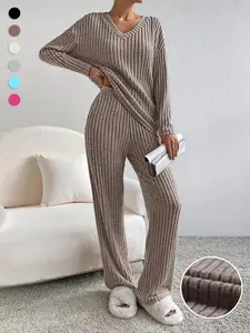 Women's Solid Drop Shoulder Pocket Loungewear Set, Casual Long Sleeve V Neck Top & Straight Leg Pants Two-piece Set, Women's Sleepwear for Spring & Fall