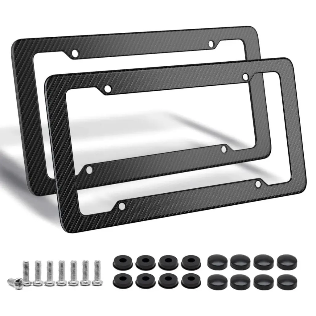 License Plate Frames with Screw Caps, 2 Pack Carbon Fiber License Bracket Holder,Universal Car Exterior Accessory, Car Accessories, License Plate Frame Without Obstruction.Rustproof, Rattle Proof & Weatherproof Universal #fathersdaygift