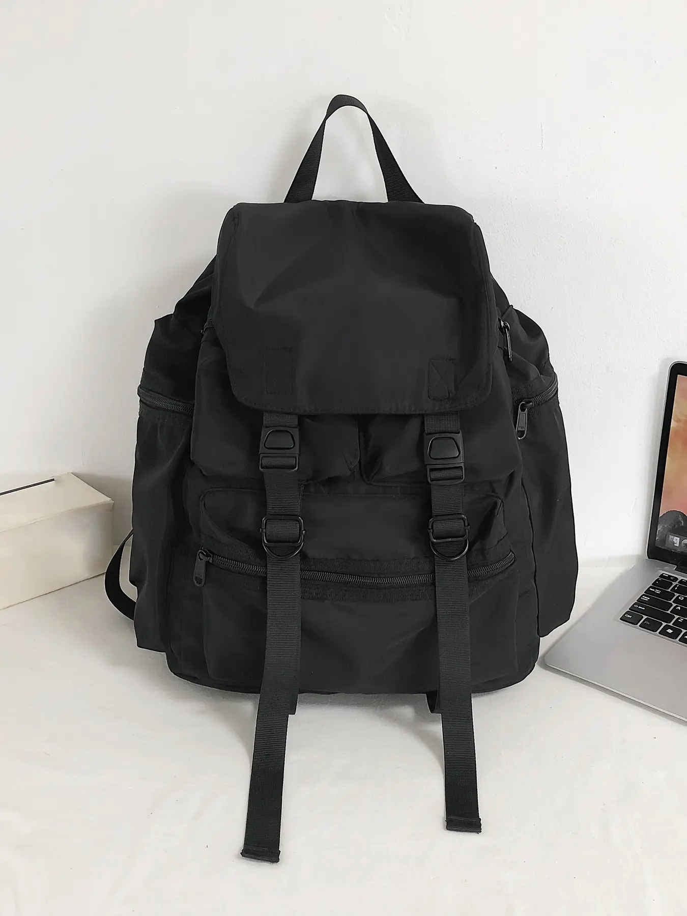 Functional style casual versatile backpack, solid color fashion high-quality large capacity backpack, multi zipper pocket design, can accommodate books, tablets, suitable for school, commuting, shopping, Casual Nylon Backpack, Bookbag