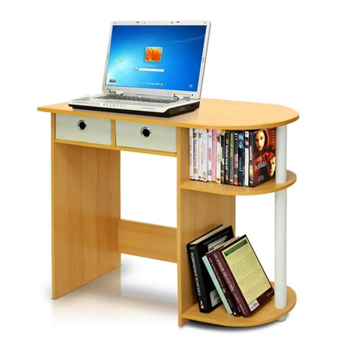 Furinno Sturdy Home Office Desk - Beech, Ivory & White Composite Wood Sturdy Computer Desk, Sliding Desktop Drawers, 15.6L Storage Drawer Platform, 28.5x31.5x15.6in Stable Tabletop for Home Use, Home Office Desks