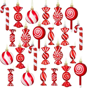 24 count Christmas Candy Cane Ornament Plastic Peppermint Candy Cane Christmas Decorations Xmas Hanging Lollipop  Decorations with Rope for Xmas Holiday Festival Decor Photo Booth Prop
