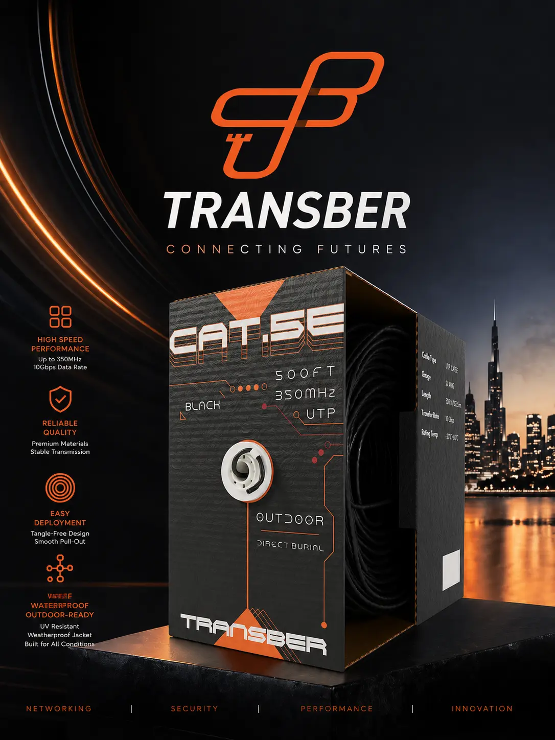 Transber Outdoor Durable Direct Burial CAT5E UTP Ethernet Cable - 500ft, 10Gbps Data Transfer, 350MHz Frequency, Black, High-Durability Network Wire