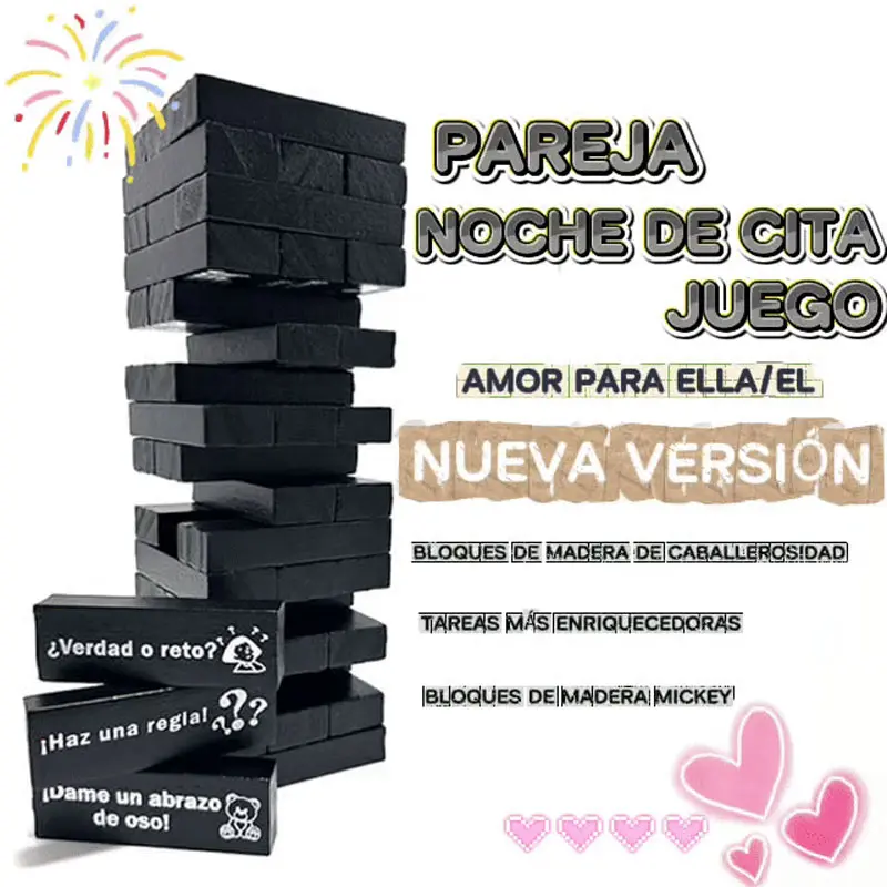 Block tower game for dates (Spanish version), black blocks, tower game for couples, gift for friends, best game for parties. Couple gifts for adults, date night ideas for him, her, boyfriend, wife, husband and couples, gifts for lovers