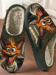 Funny Sharp Tooth Beast Print Cotton Slippers, Anti-Slip Thick Sole, Plush Lining, Home Use, Men and Women, Fall & Winter Warm Shoes