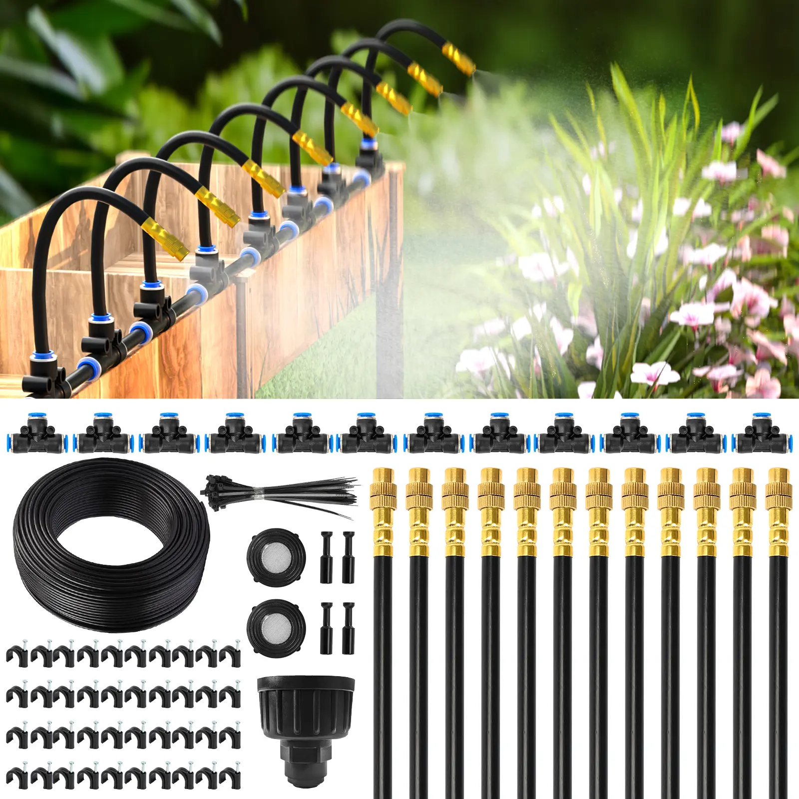 Mixc Automatic Drip Irrigation System - 50/100FT Length, 12 Adjustable Copper Nozzles - Watering Kit for Garden, Lawn, Potted Plants