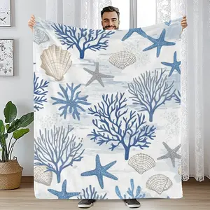 Cozy Coral Starfish Flannel Blanket - Plush Lightweight Ocean Throw Blanket for Bed/Couch/Travel, Seasonal Gift
