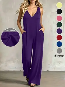 Plus Size Women's V-Neck One-Piece, 8 Colors Available with Pockets, Casual Shoulder Strap, Ideal for Daily Wear and Home Comfort