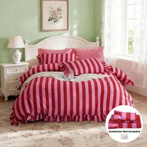 3-Piece Striped Bedding Set, Soft Ruffled Duvet Cover with Zipper, 1 Duvet Cover Without Quilt + 2 Pillowcases Without Pillow Insert, Comfortable Fabric, All Season Suitable