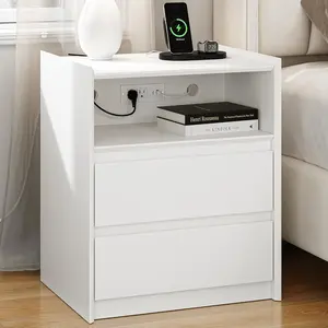 24" Tall White Nightstand with Charging Station, 2 Drawer Modern Bedside Table with Tray Top, USB & Type-C Ports, AC Outlets, and Open Shelf for Bedroom or Living Room