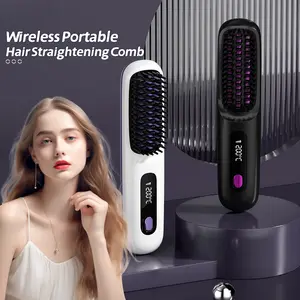 New LCD USB rechargeable ceramic heating electric comb hair straightener wireless portable mini hair straightening comb