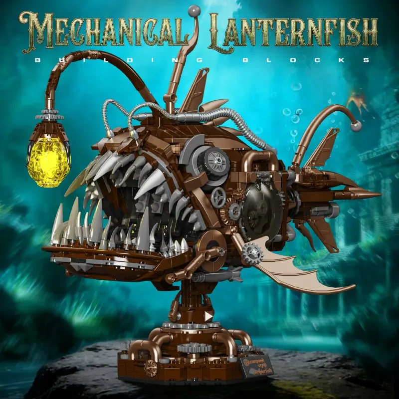 1236pcs Mechanical Lantern Fish Creative Diy Building Model Block Model Toy, Model Building Blocks, Deep Sea Steampunk Set, Desktop Decor, Kids/adult Holiday Gift