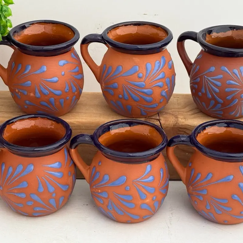 6-Piece Mexican Handmade Coffee Mugs Set - Blue Over Terracotta Clay, Washable Reusable Ceramic Drinkware, Reuse