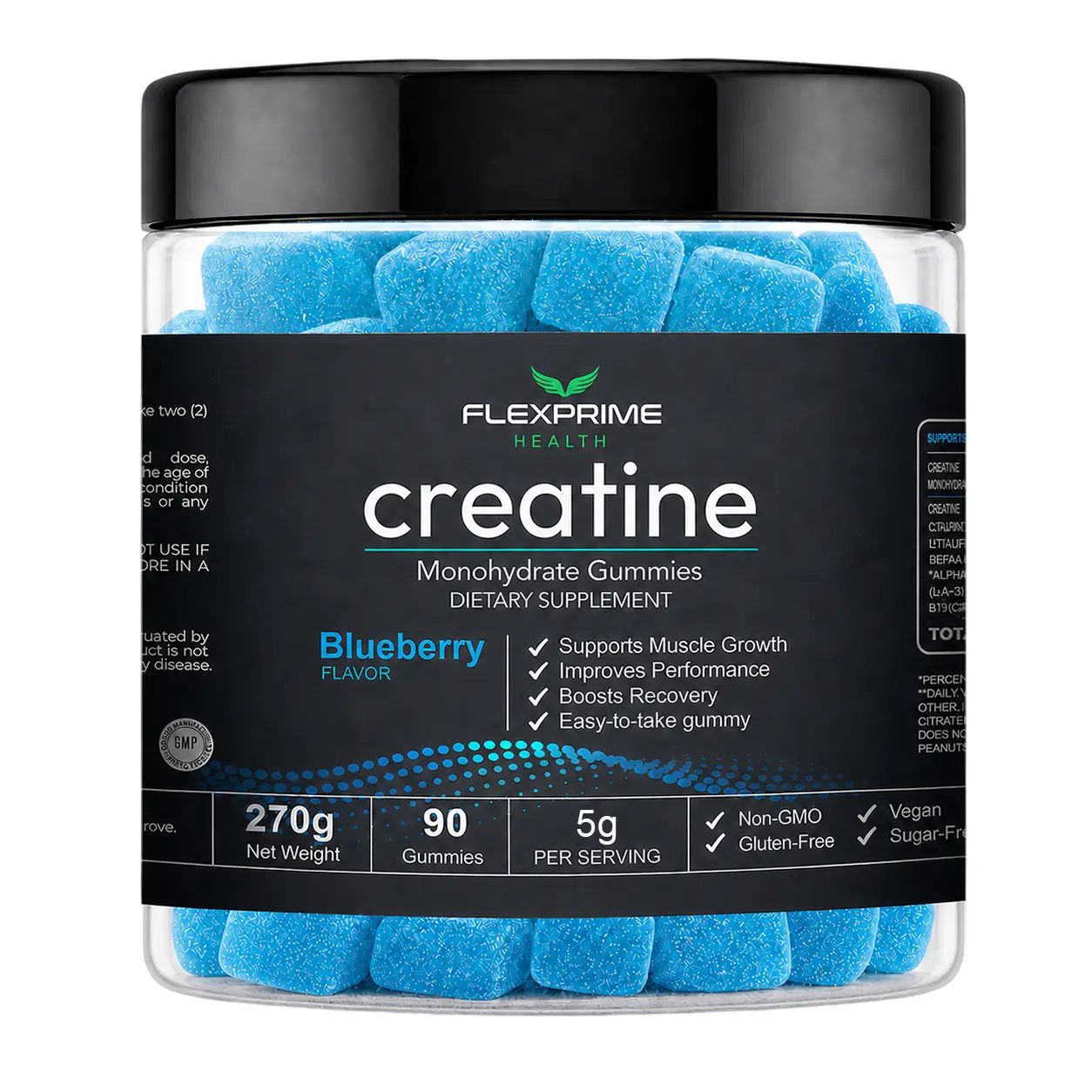 FlexPrime Creatine Monohydrate Gummies Sugar Free - 5g Creatine + Alpha GPC, L-Taurine, Betaine | Vegan Halal Blueberry Chews for Muscle Growth, Brain Health | Men & Women, 90 Count