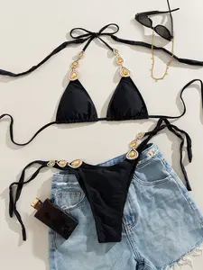 Women's Bikini Two-Piece Set, Triangle Bikini Set, Sexy Low-Waist Design, Plain Color, Fitted Style, Ideal for All Seasons, Beach & Spa Wear