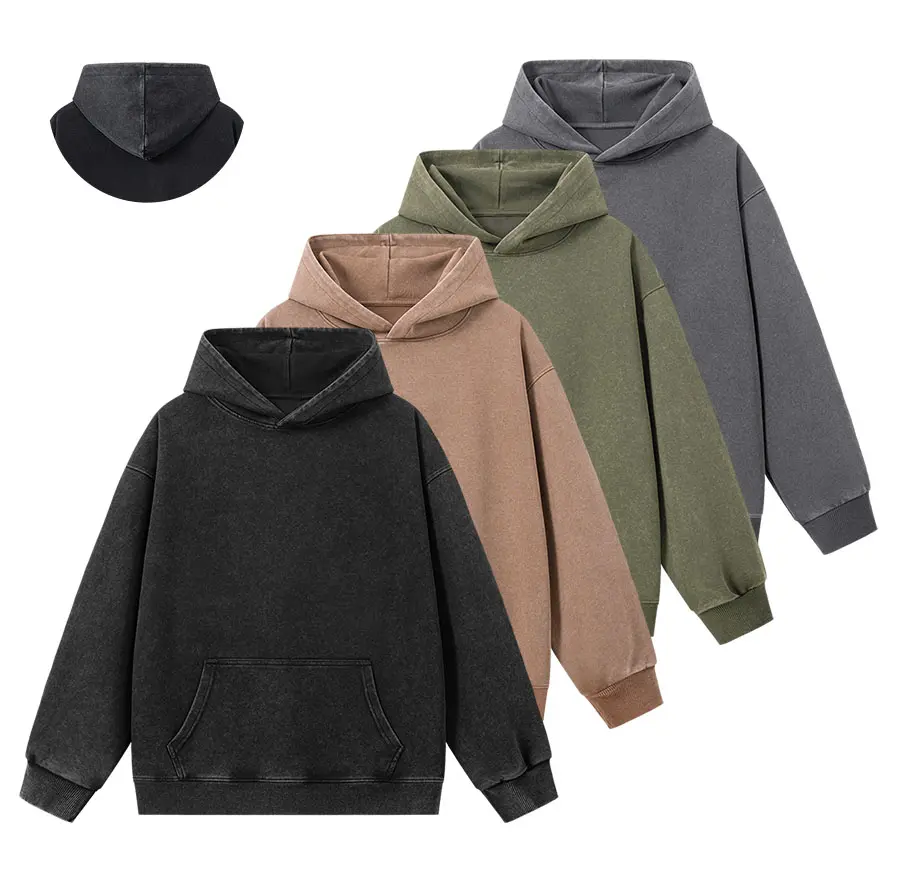 Sand-wash distressed texture loose hooded sweatshirt, cotton blend, skin-friendly and breathable, with kangaroo pocket. Conceals curves for a slimmer look, fits various body types. Casual everyday wear, suitable for commuting, versatile with multiple colo