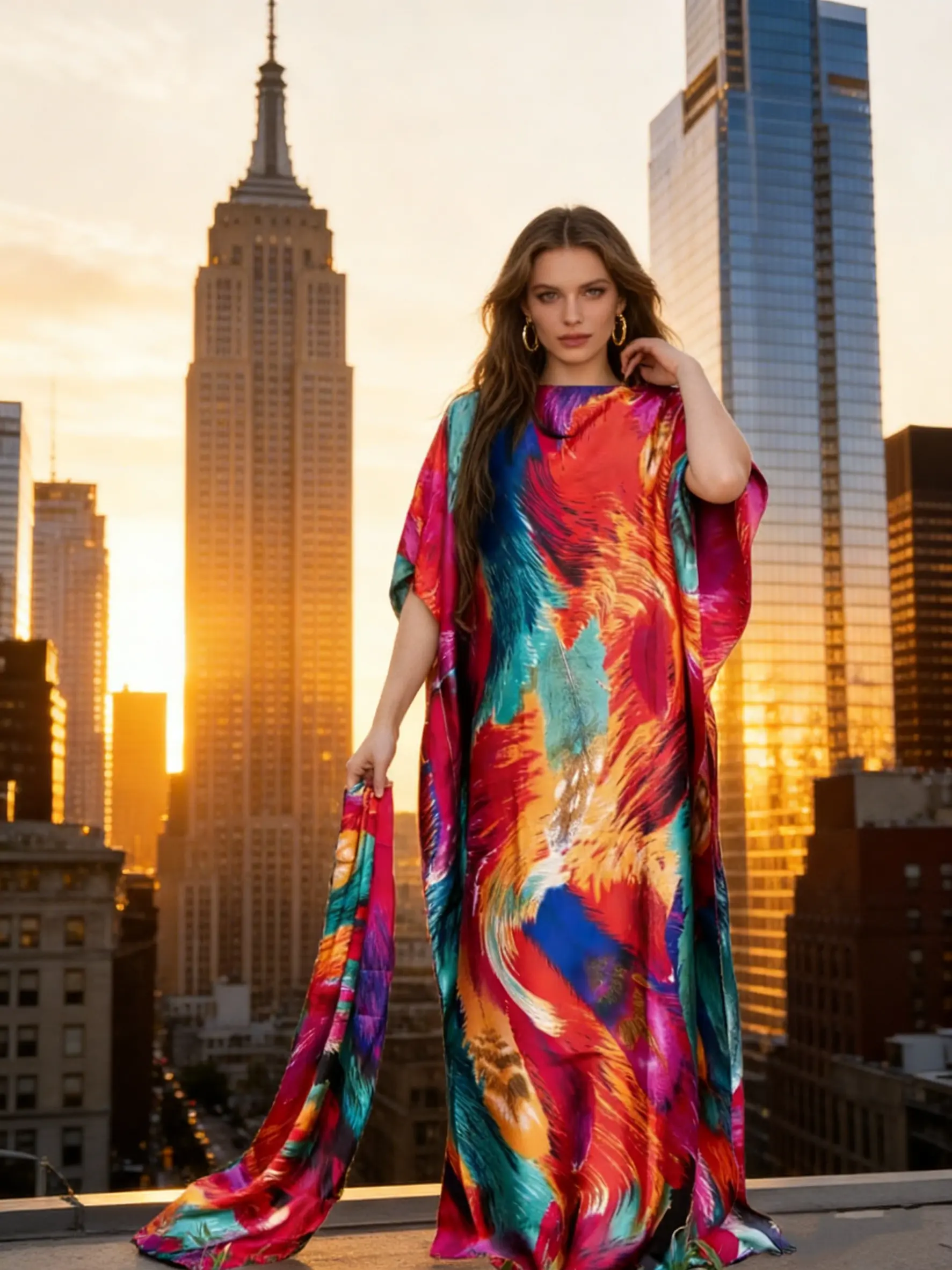 Women's Elegant Bohemian Casual Kaftan Robe - Colorful Multicolor Feather Print Design Cape-style Extra-long Kaftan Dress | Loose-fitting Evening Robe with Matching Scarf Womenswear