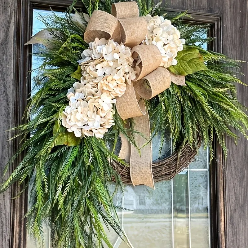 Rustic Wreath with Hanging Branches & Bow, Asymmetric Farmhouse Door Decor, Faux Flowers & Rattan Base, Perfect for Gifting, Farmhouse Style Wreath