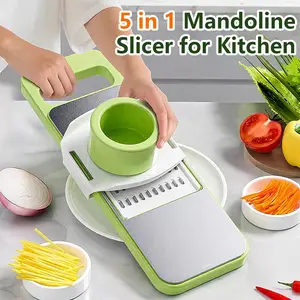 5 in 1 Vegetable Cutter with Cheese Grater, Adjustable Stainless Steel Blade, Comfort Grip, Safety Features, Easy to Clean, Carrot Grater, Cabbage Shredder, Cucumber Slicer - Stainless Steel Mandoline Slicer for Kitchen