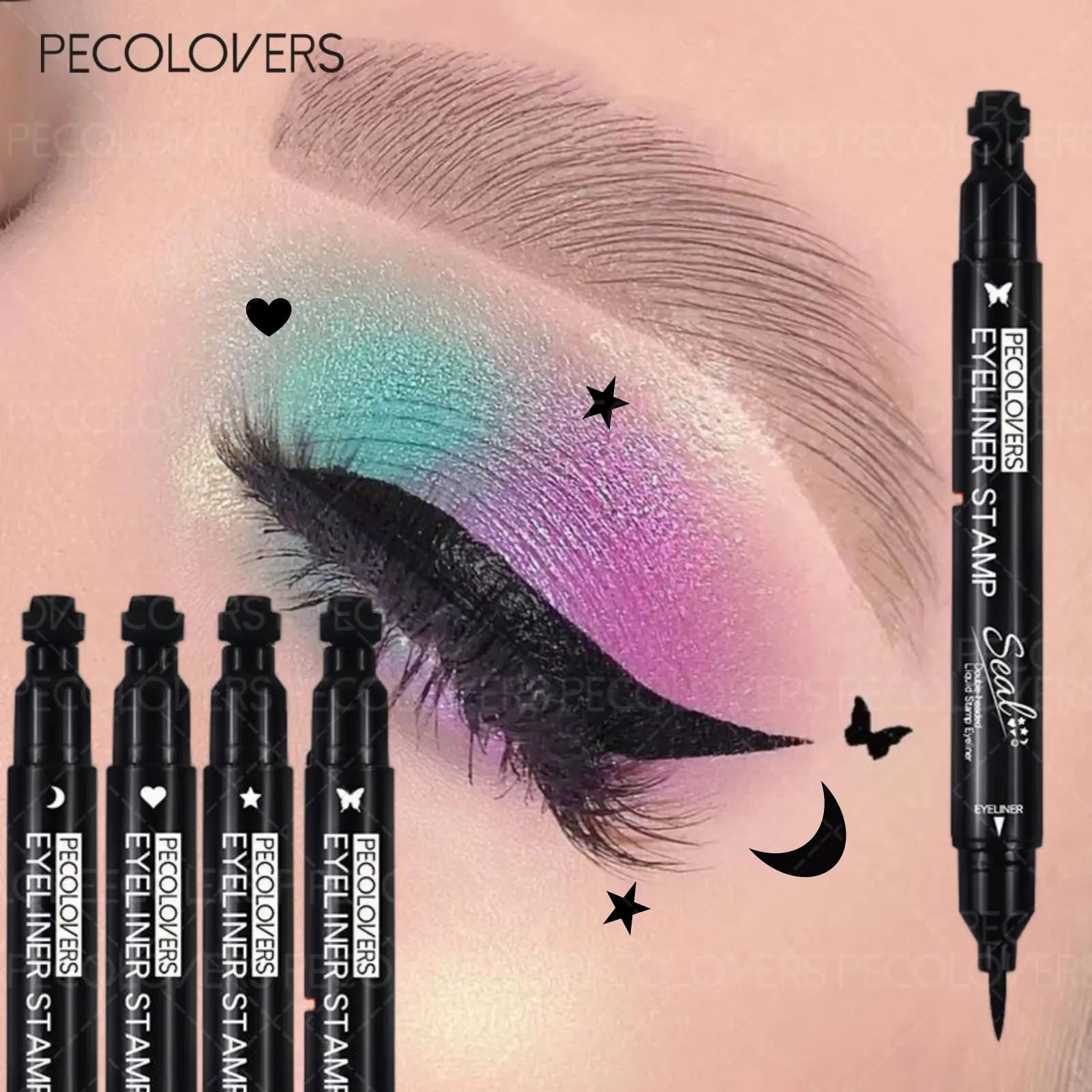 4PCS/Set Waterproof Double-ended Eyeliner with Cute Patterns (stars, Hearts, Moons, Butterflies), Smooth Application, Smudge-proof, A Must-have for Beginners, Dries Quickly for Stunning Eye Makeup