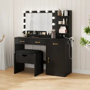 Vanity Desk with Mirror and Lights, Vanity Set with Upholstered Storage Stool, Makeup Vanity with Power Outlet & 11 LED Bulbs, Dressing Table with 3 Drawers & Storage Shelves, Black