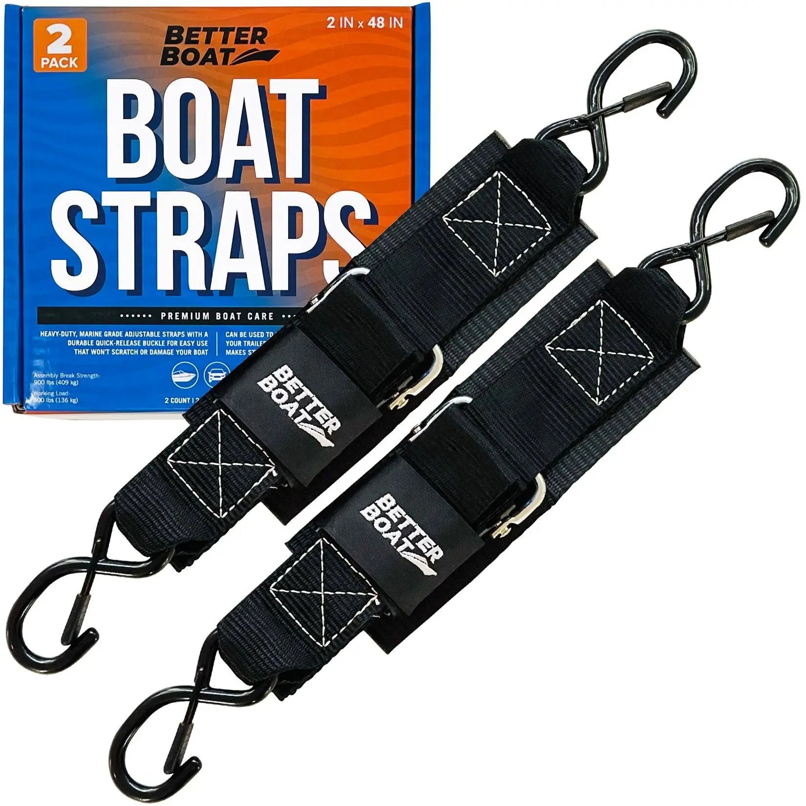Better Boat Premium Motor Straps, 2-Pack 2"x48" Heavy-Duty Manual Buckle Tie-Downs, UV-Resistant Boat Trailer Accessories for Transom, Tail Vehicle & Jet Ski Use