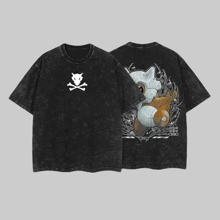 Bone Beast Pokémon Retro Washed Heavyweight Cotton Oversized Anime Manga T-Shirt Vintage Unisex Streetwear Pirated Print T-Shirt Y2K Aesthetic Acid Wash Faded Gym Pump Skull Gamer Otaku Gift TikTok Viral Men's Top Trendy Outfit