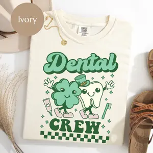 Comfort Colors Dental Cew St Patricks Shirt, Groovy Dentist Tee, Cute Dental Hygienist Shamrocks, Tooth Clover Gift, RDH Practitioner Gift