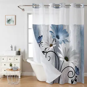Blue No Hooks Double-layer Shower Curtain, Daisy Printed Waterproof Fabric, Retro Country Style Home Decoration, Hotel, Dormitory and Bathroom Accessories, 72x75in