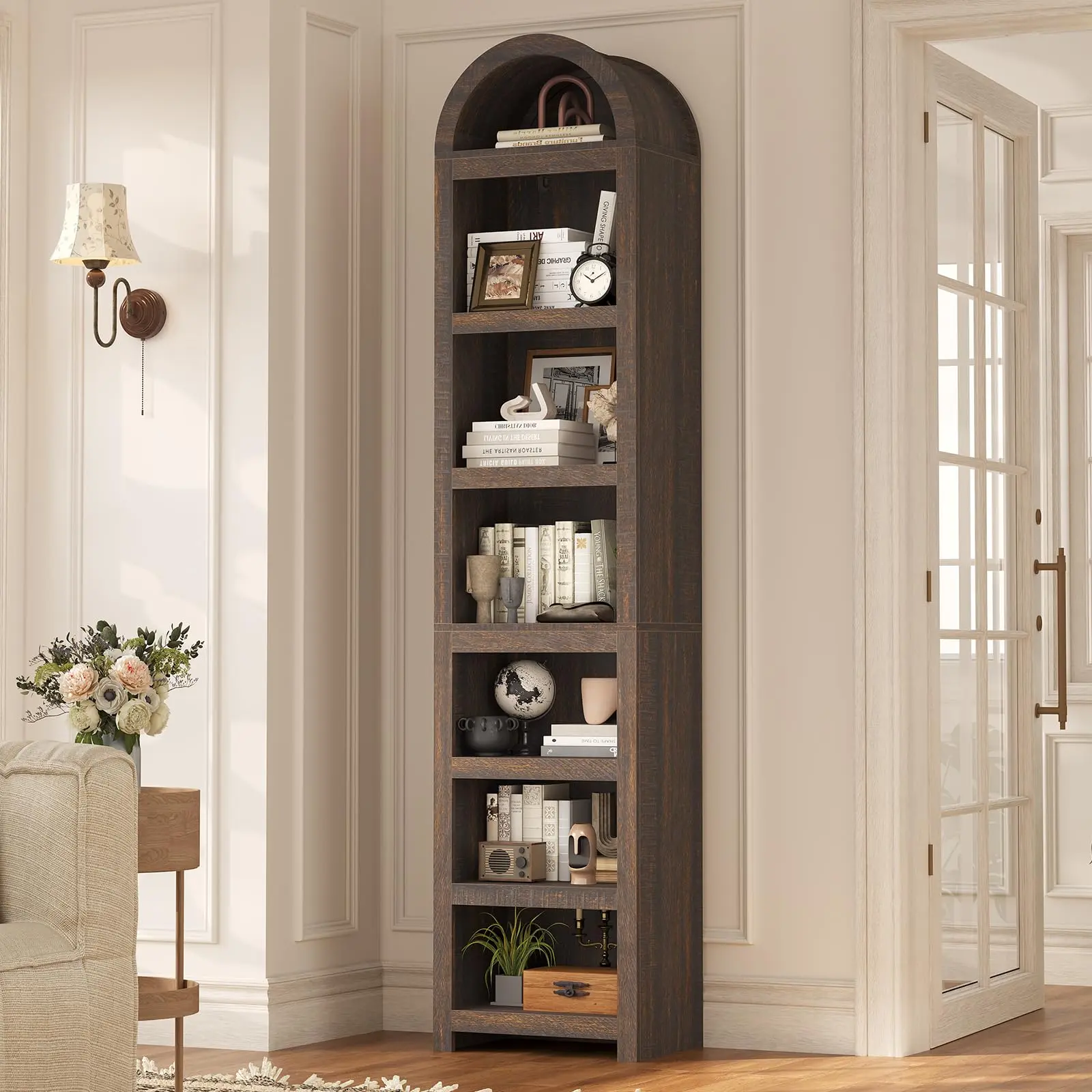 76" Tall Narrow Arched Bookshelf, 7-Tier Modern Bookshelf, Space-Saving Slim Storage Cabinet with Adjustable Shelves for Living Room,Kitchen,Home Office,Walnut