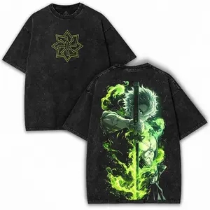 Sanemi Green Slash x Demon Slayers – Neon Blade Energy on Washed Tee | For Anime Fighters with Edge Cotton Menswear Basic Dress