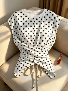 Women's Knitted Round Neck Drop Shoulder Sleeve T-Shirt, Irregular Pleated Cross Cutout Back Tie Top, Elegant Fashion Style Versatile Casual Wear Knitwear
