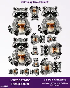 Faux Rhinestone Summer Raccoon DTF Gang Sheet: 13 Ready To Press Transfers - 23x30