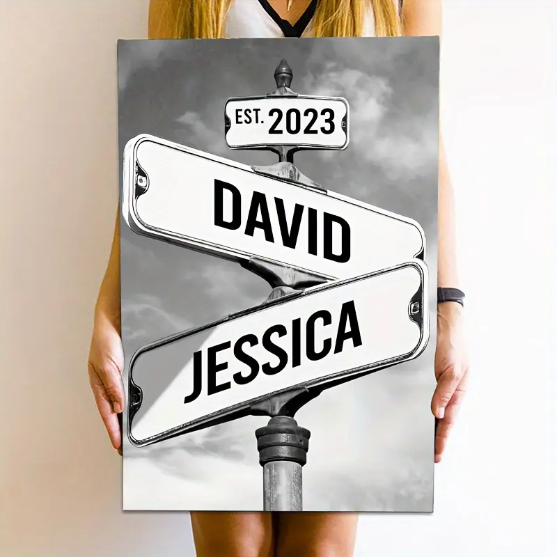 Vintage Design Customizable Display Prints - Grey Framed Vintage Couple Street Sign Canvas with Custom Names & Date, Rustic Ready-to-Hang Wall Art for Home Office, Anniversary Wedding Valentine Gift Keepsake