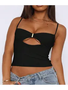 Women's solid color cut-out ruched slim-fit short sleeveless top, featuring a Y2K style perfect for music festivals.