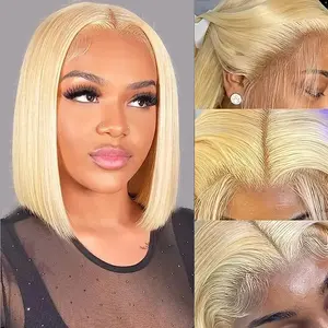 613 Blonde Bob Wig Human Hair Short Straight 13X4 Lace Front Wigs for Women 100% Human Hair Soft Natural Look Adjustable Straps