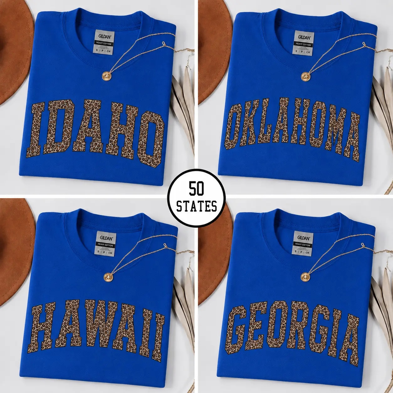 50 States Custom Shirt, Personalized Leopard State Name Shirt, Custom USA State Varsity Graphic Tee, Leopard Print College Style T-Shirt, State Pride Gift Royal blue - Printfamily