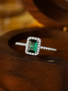 925 Sterling Silver Emerald Zircon Ring, Emerald Cut Solitaire Ring, Luxury Full Diamond Setting, Perfect Jewelry Gift for Parties and Events