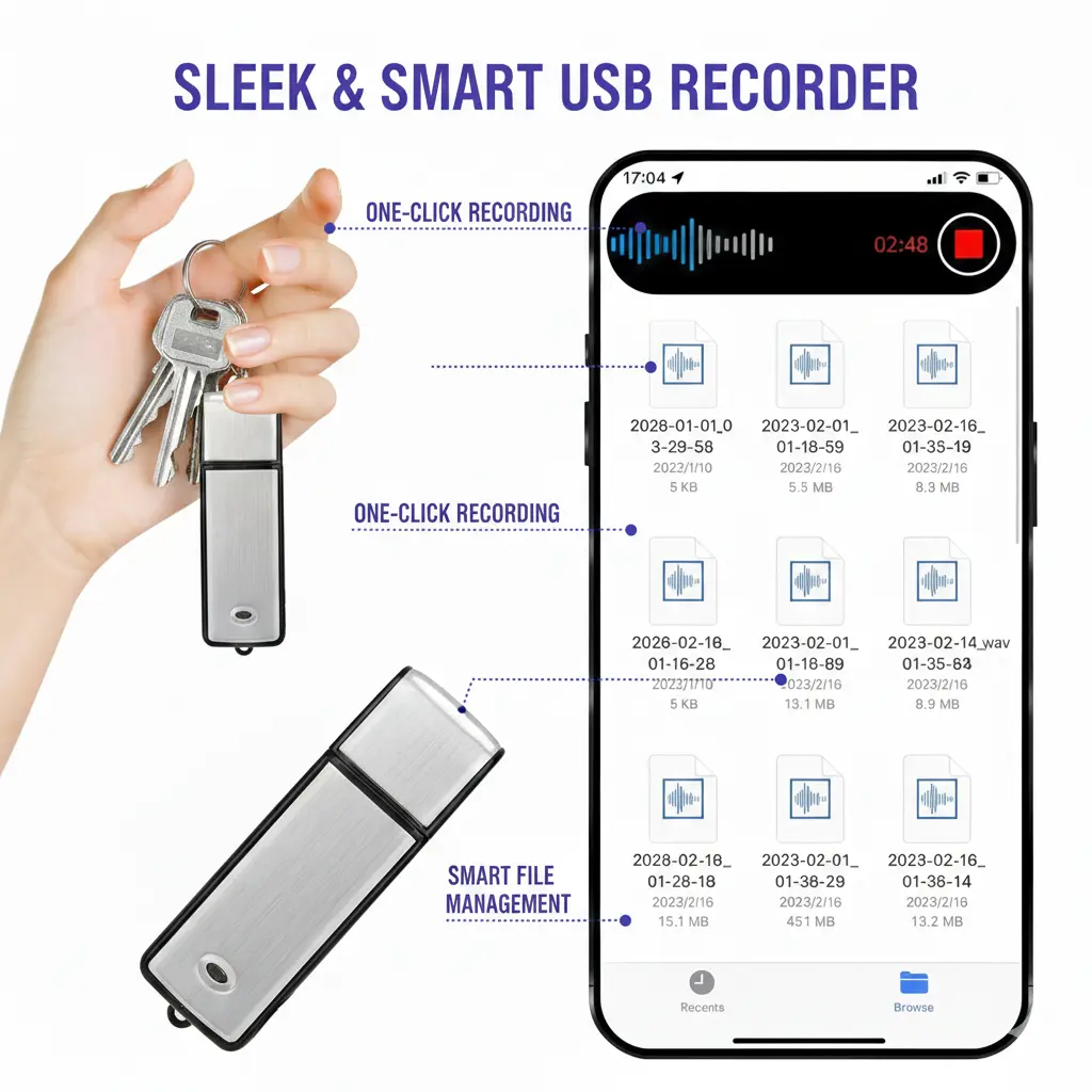 USB Flash Drive Voice Recorder 2-in-1 – Voice Activated, Smart Noise Reduction, Scheduled Recording, Auto File Save – Perfect for Meetings & Class Notes