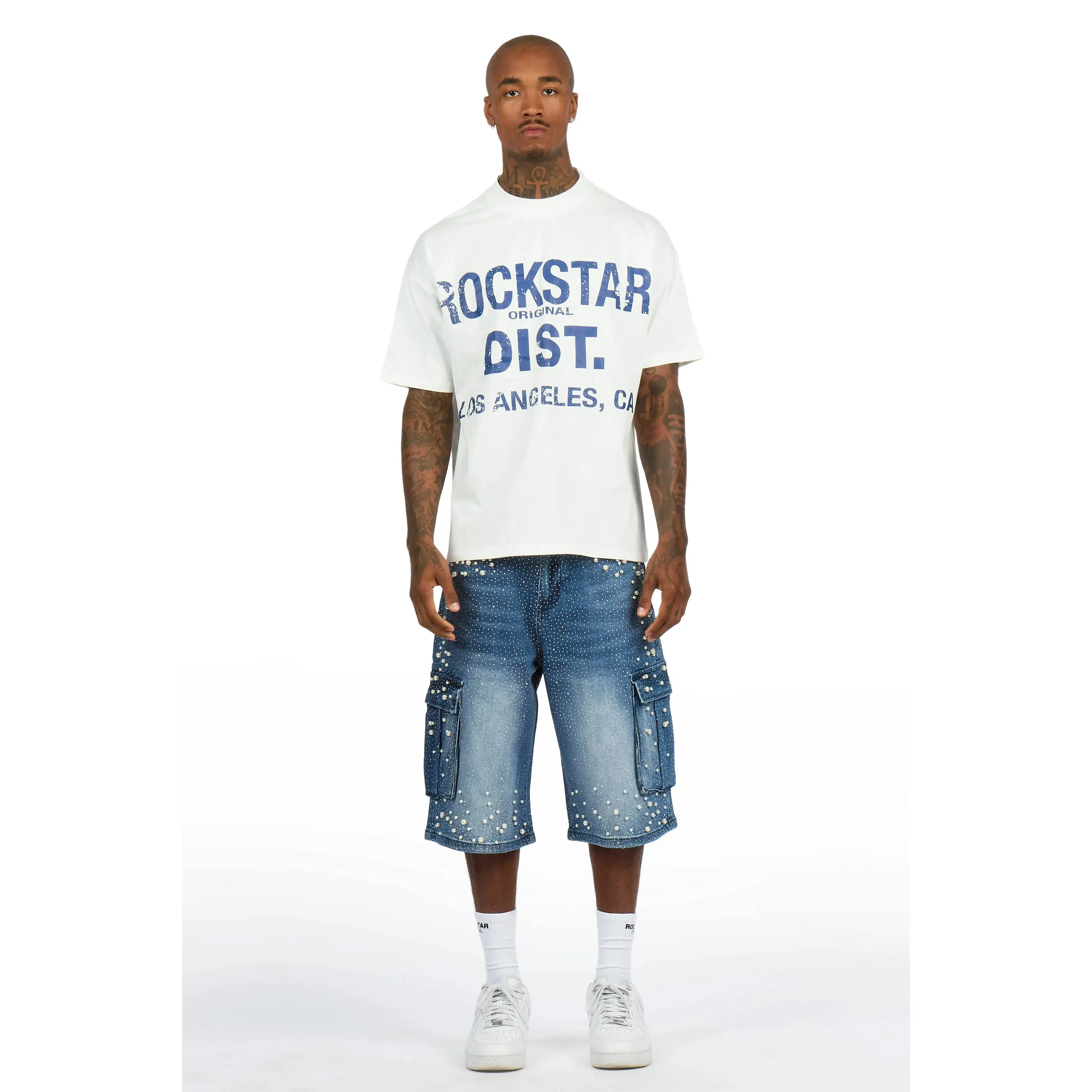 Sevyn White/Blue Rhinestone T-Shirt Denim Jort Set