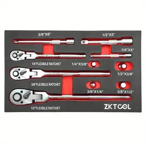 10PC Flex Head Ratchet Set, 1/ 4", 3/ 8", 1/ 2" Drive, Swivel Head Ratchet Wrench with Extension Bar