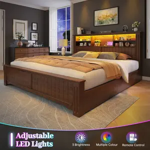 Farmhouse  Frame  LED Lights And Charging Station Metal Platform   4 Drawers & Bookcase Headboard No Noise bed tall Cloud Wide Chest of Nightstand with mirror Vanity Desk microwave